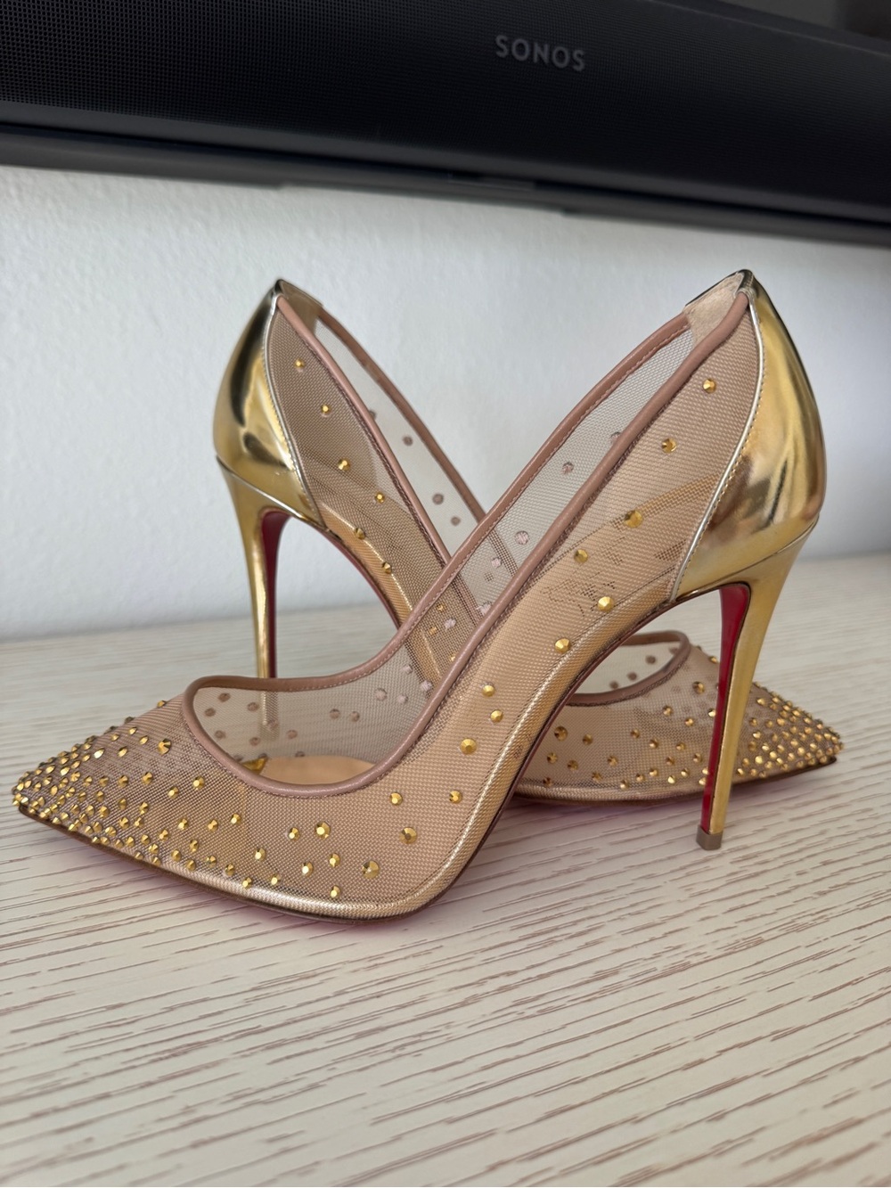 Christian Louboutin Baretta 100 Nude/Light Gold Studded Mesh Pumps 36.5 NEW